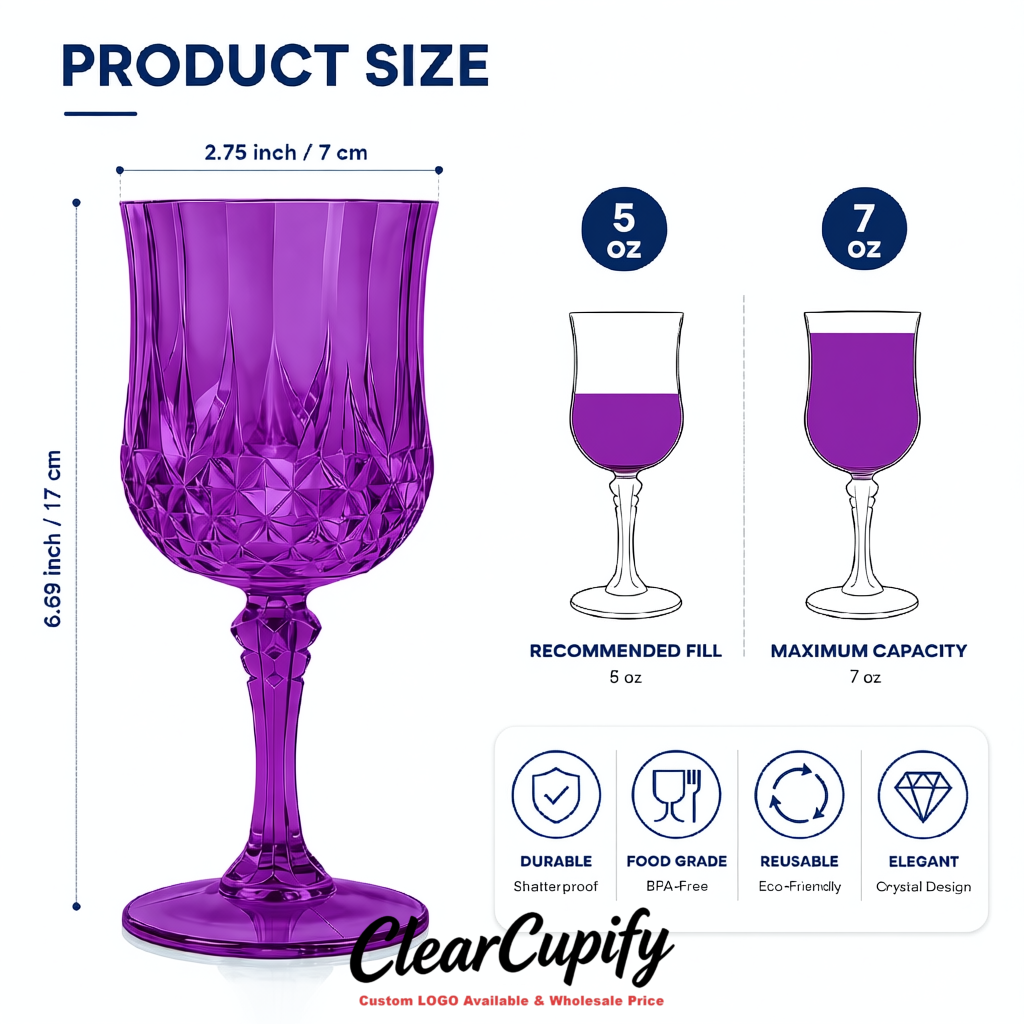 Purple 7oz Acrylic Plastic Wine Goblets - 2.7 x 6.7 inches Party & Wedding Wine Glasses