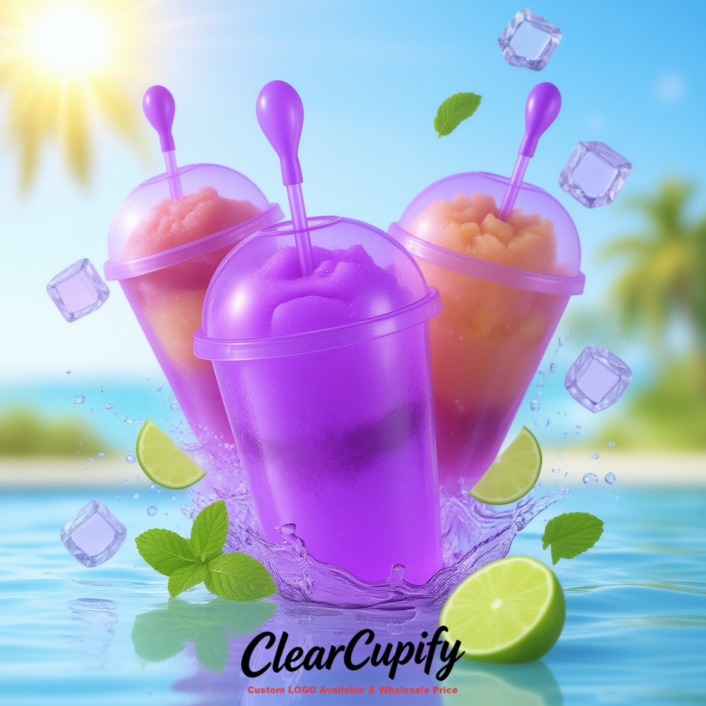 Purple 16 oz Plastic Slushie Cups with Dome Lid & Detachable Spoon Straws for Milkshake, Boba, Smoothies, Iced Coffee