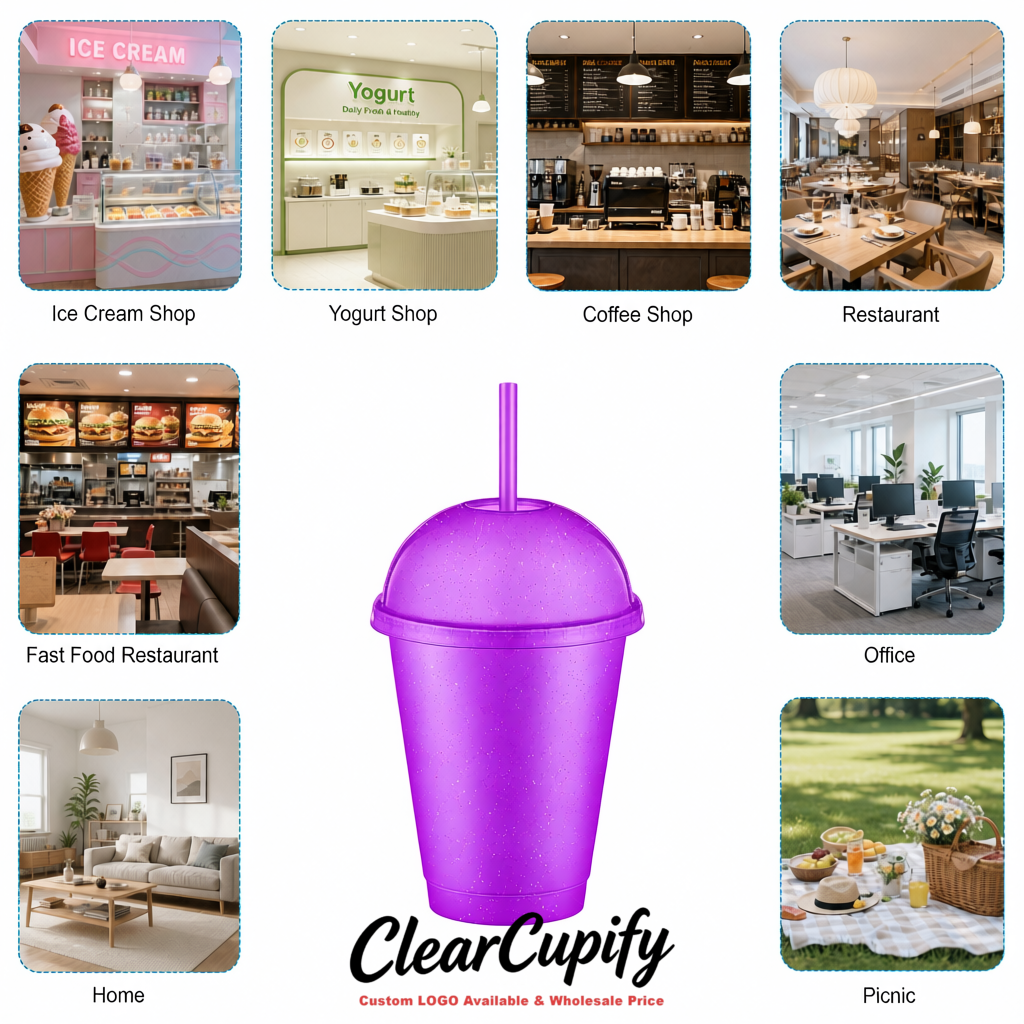 Purple 16 oz Plastic Slushie Cups with Dome Lid & Detachable Spoon Straws for Milkshake, Boba, Smoothies, Iced Coffee