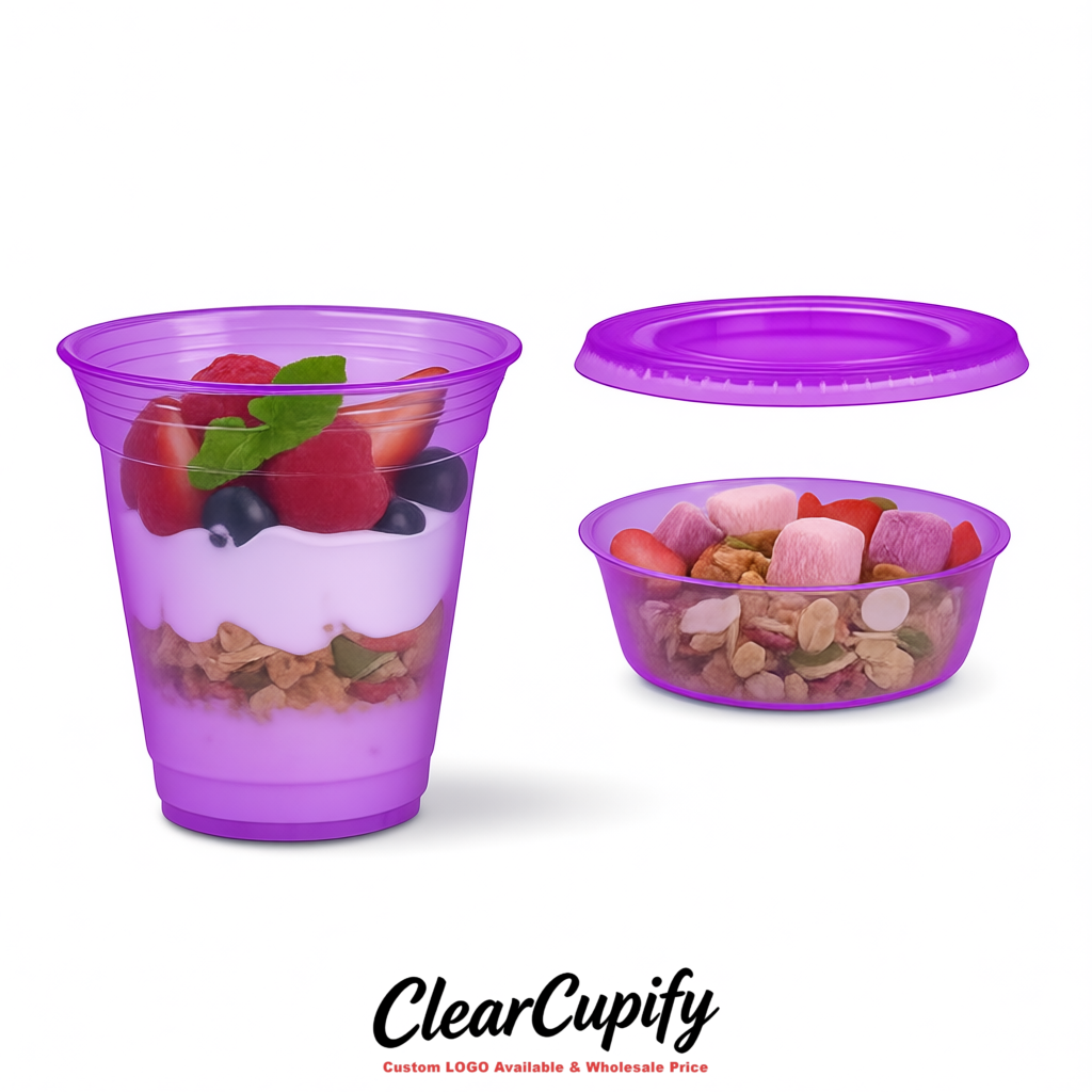 Purple 12 oz Disposable Plastic Parfait Cups with Insert & Flat lids 3.85 x 2.1 x 4 inches