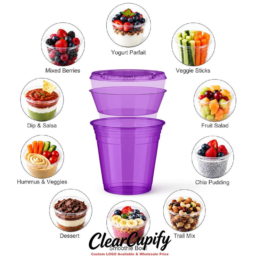 Purple 12 oz Disposable Plastic Parfait Cups with Insert & Flat lids 3.85 x 2.1 x 4 inches