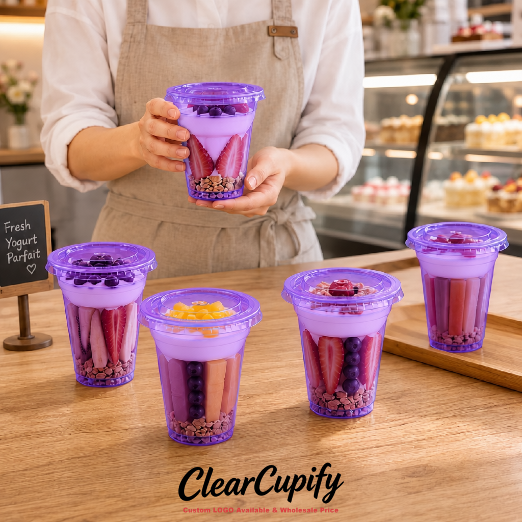Purple 12 oz Disposable Plastic Parfait Cups with Insert & Flat lids 3.85 x 2.1 x 4 inches