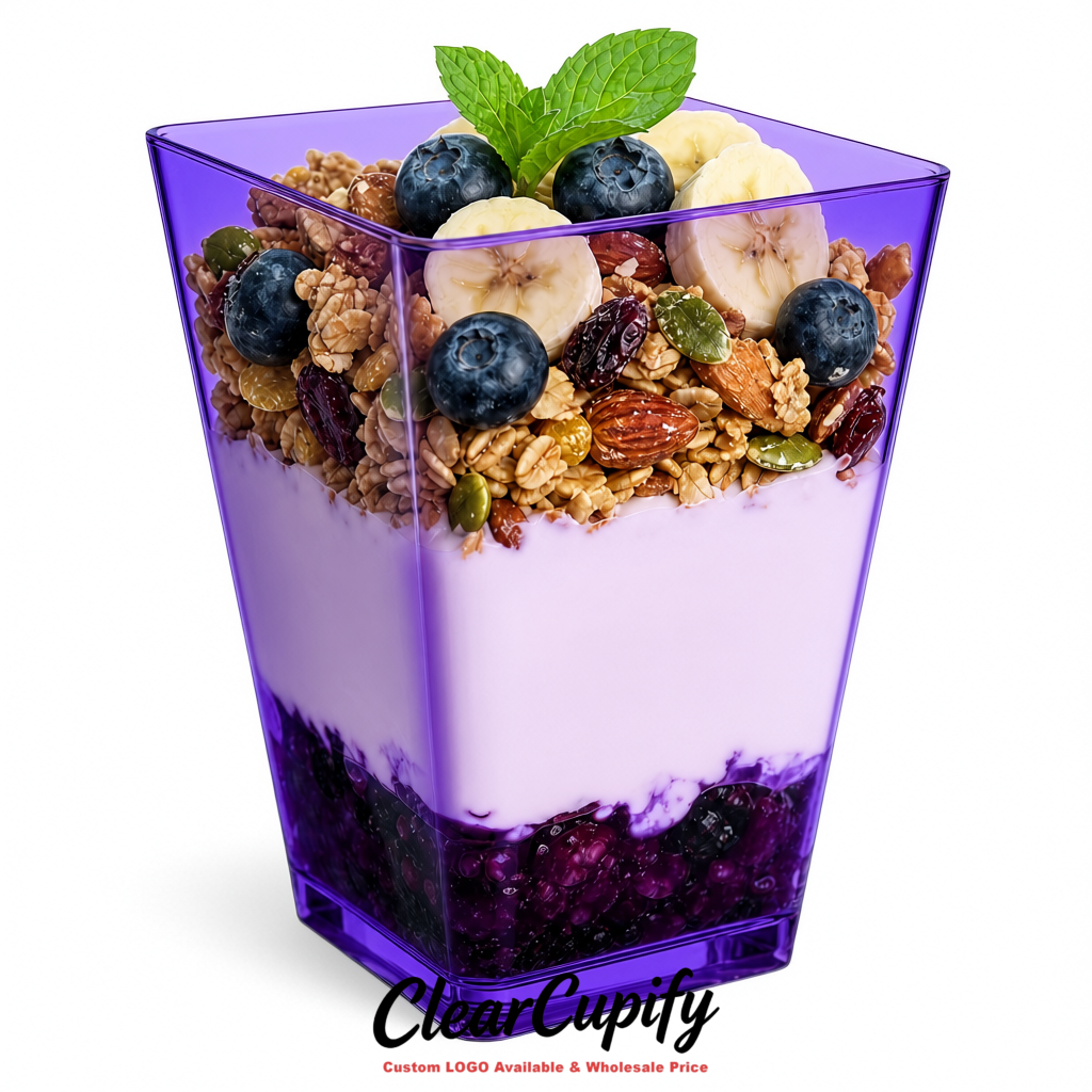 Wholesale Purple 5 oz Square Clear Plastic Dessert Cups with Spoons for Appetizers, Puddings, Mousse, Parfait