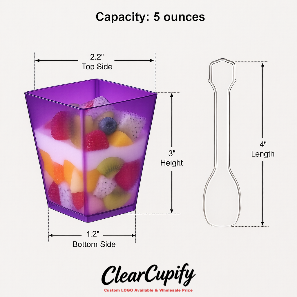 Wholesale Purple 5 oz Square Clear Plastic Dessert Cups with Spoons for Appetizers, Puddings, Mousse, Parfait