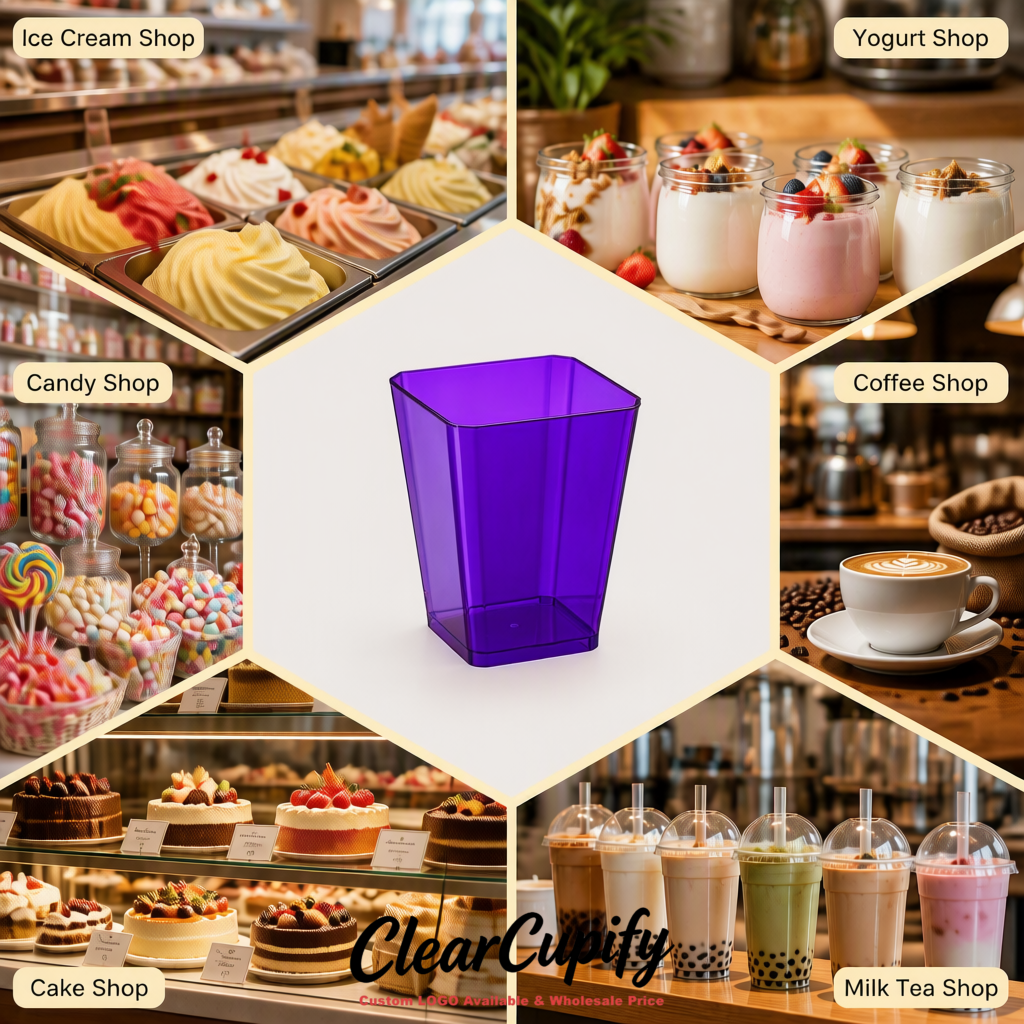 Wholesale Purple 5 oz Square Clear Plastic Dessert Cups with Spoons for Appetizers, Puddings, Mousse, Parfait