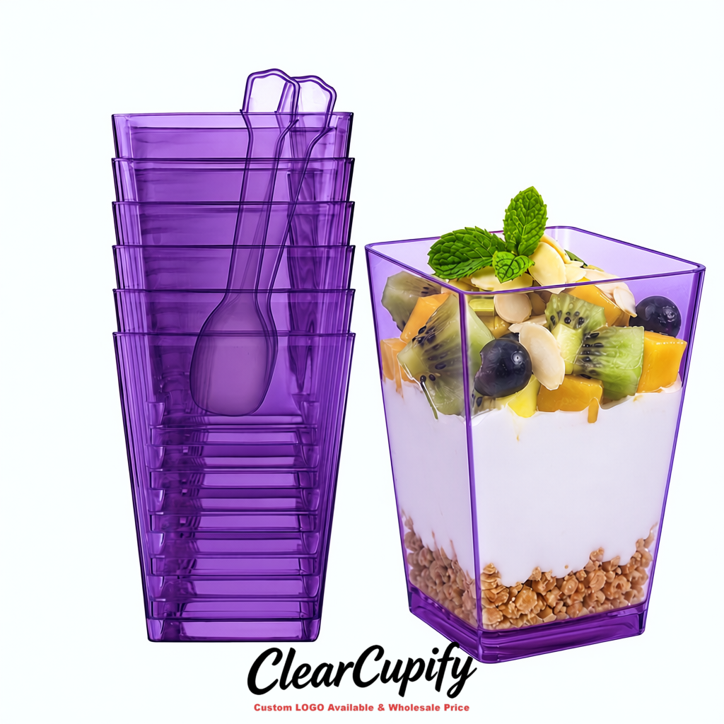 Wholesale Purple 5 oz Square Clear Plastic Dessert Cups with Spoons for Appetizers, Puddings, Mousse, Parfait