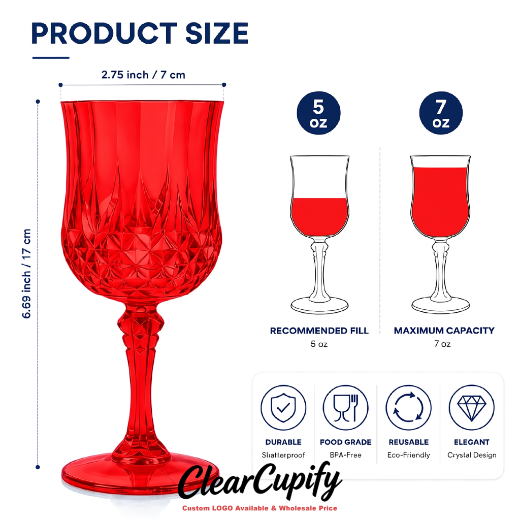 Red 7oz Acrylic Plastic Wine Goblets - 2.7 x 6.7 inches Party & Wedding Wine Glasses