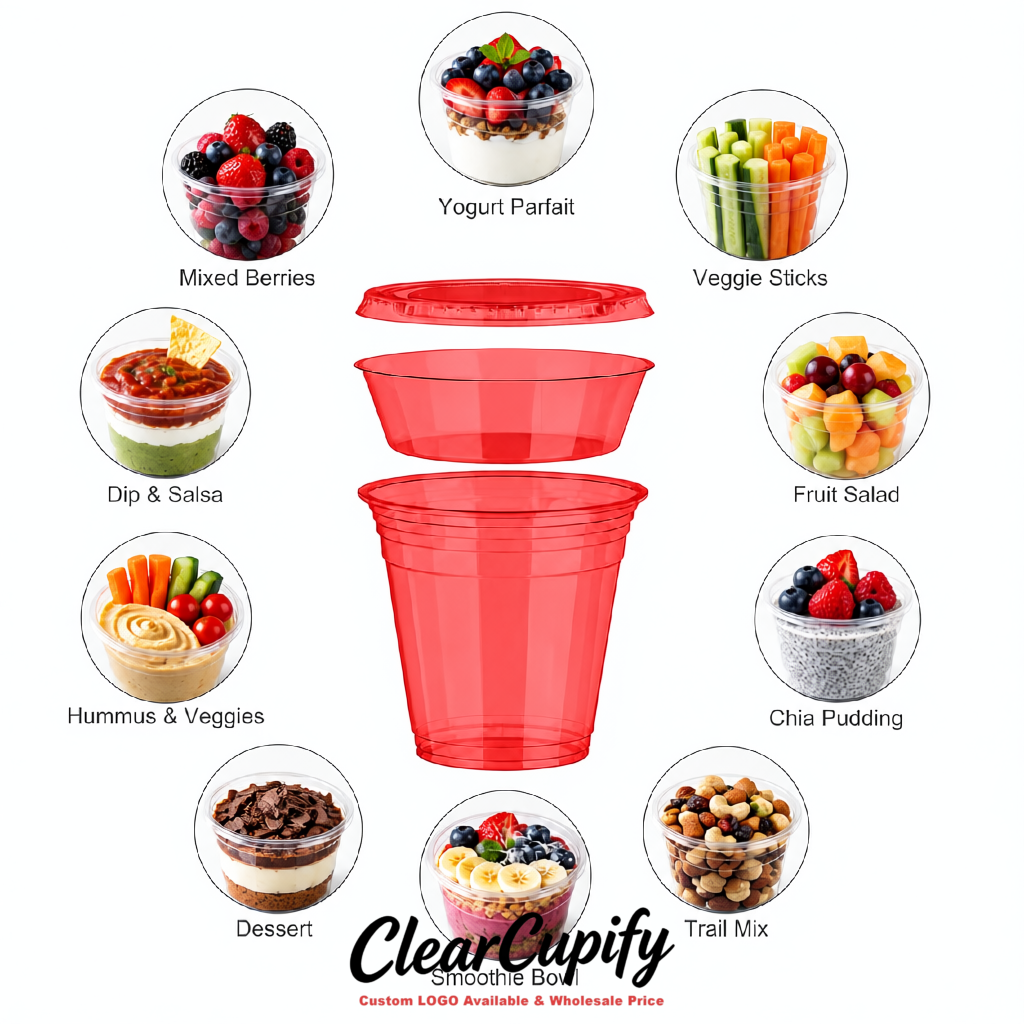 Red 12 oz Disposable Plastic Parfait Cups with Insert & Flat lids 3.85 x 2.1 x 4 inches