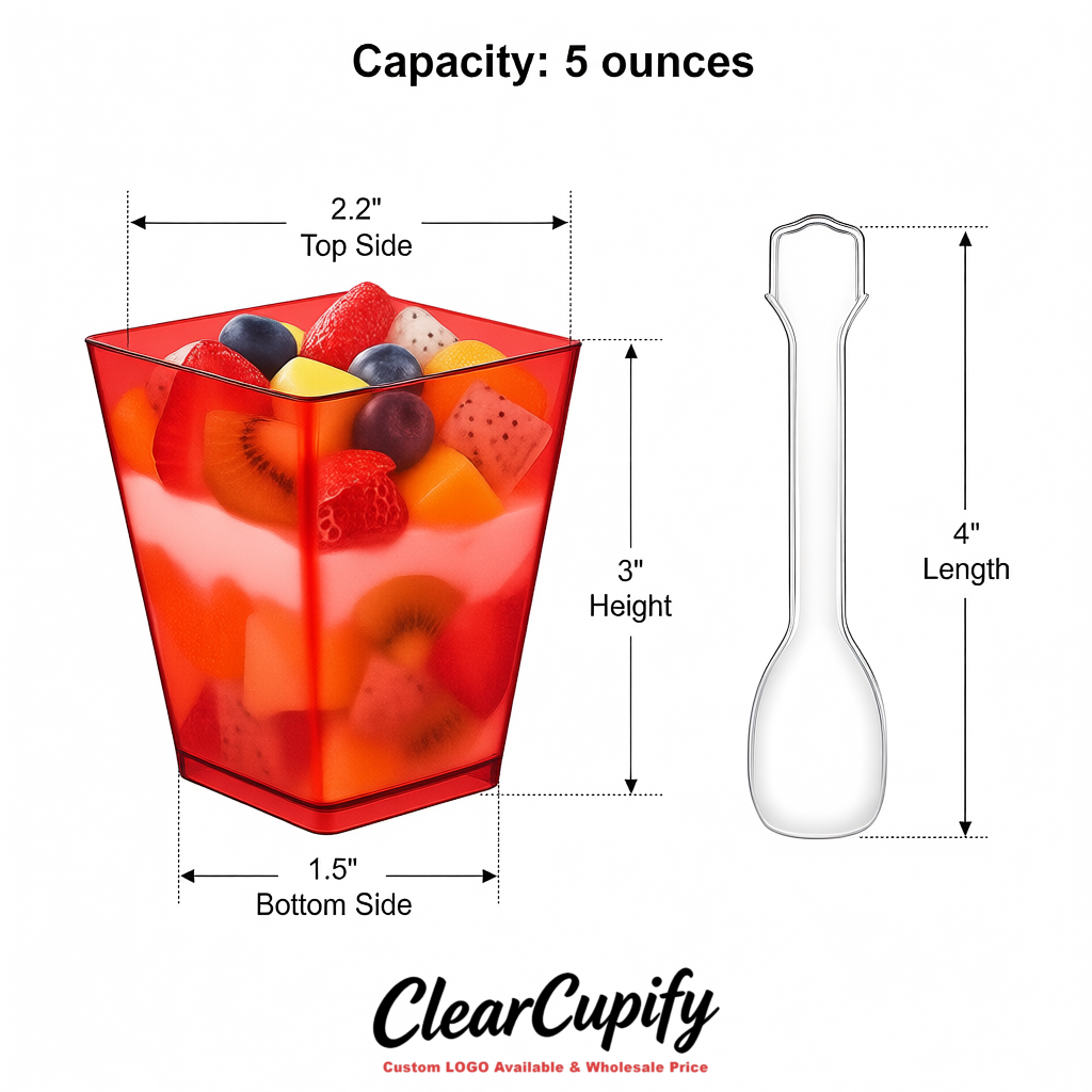 Wholesale Red 5 oz Square Clear Plastic Dessert Cups with Spoons for Appetizers, Puddings, Mousse, Parfait