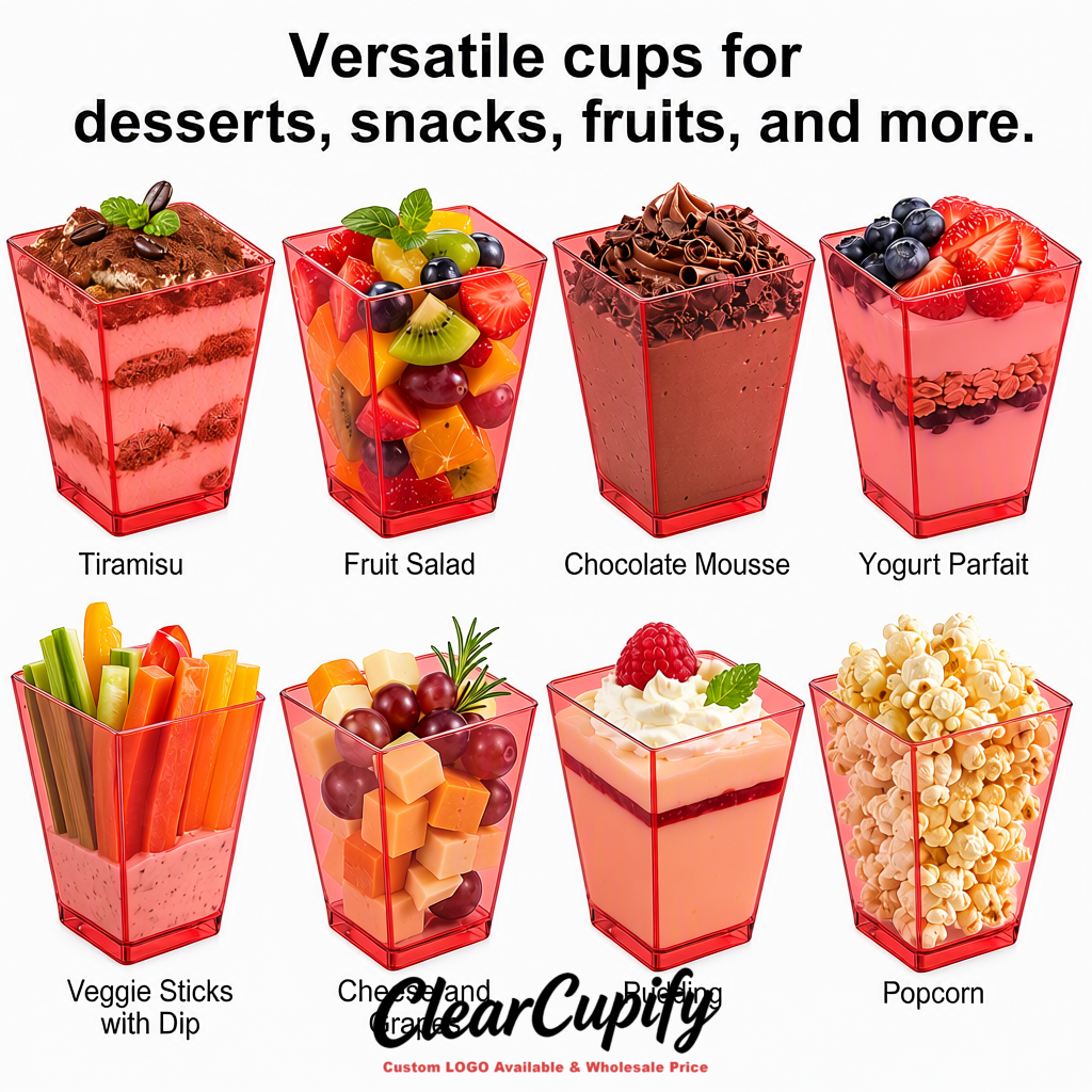Wholesale Red 5 oz Square Clear Plastic Dessert Cups with Spoons for Appetizers, Puddings, Mousse, Parfait
