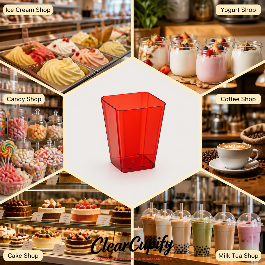 Wholesale Red 5 oz Square Clear Plastic Dessert Cups with Spoons for Appetizers, Puddings, Mousse, Parfait
