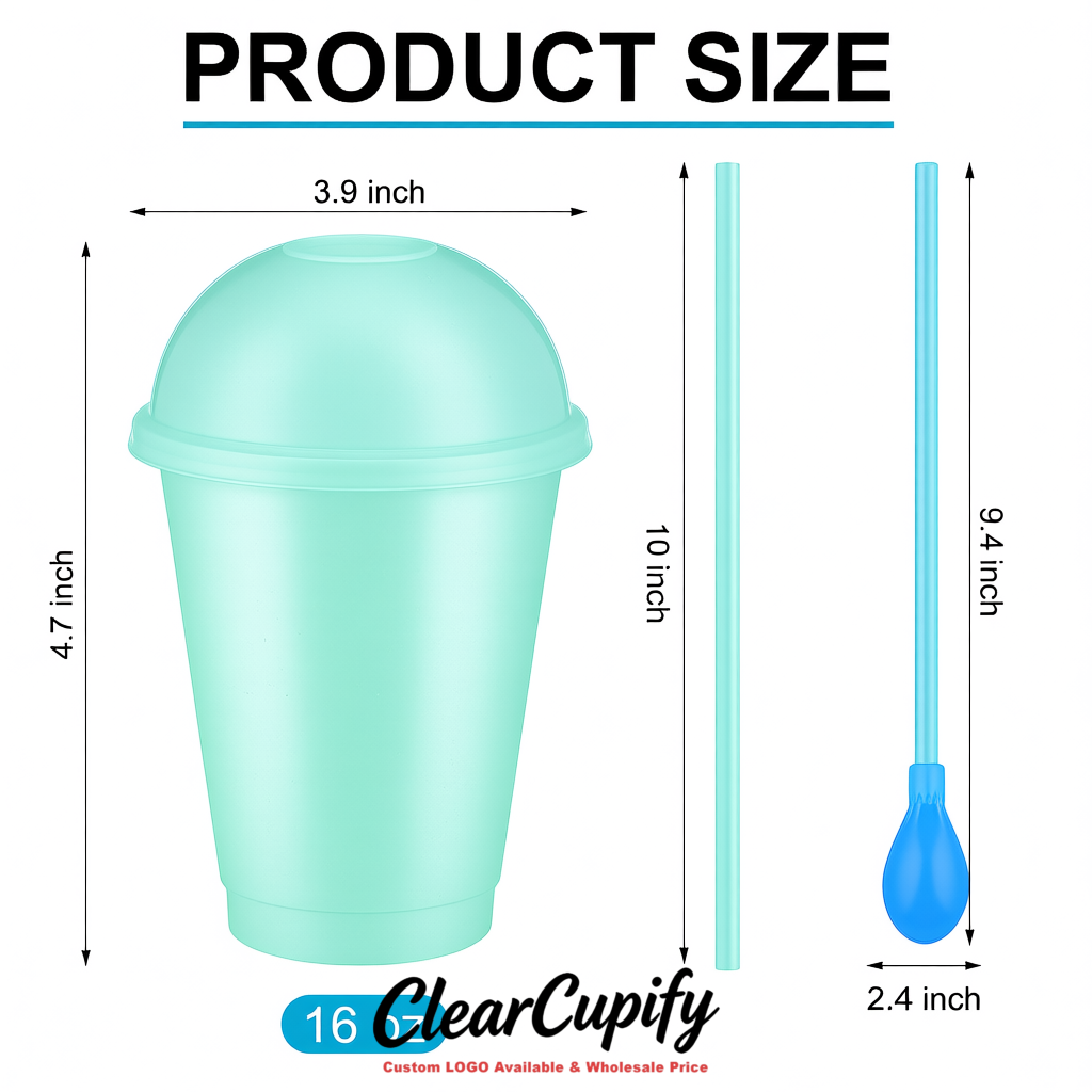 Robin Egg Blue 16 oz Plastic Slushie Cups with Dome Lid & Detachable Spoon Straws for Milkshake, Boba, Smoothies, Iced Coffee