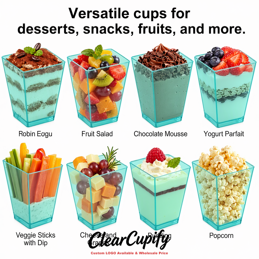 Wholesale Robin Egg Blue 5 oz Square Clear Plastic Dessert Cups with Spoons for Appetizers, Puddings, Mousse, Parfait