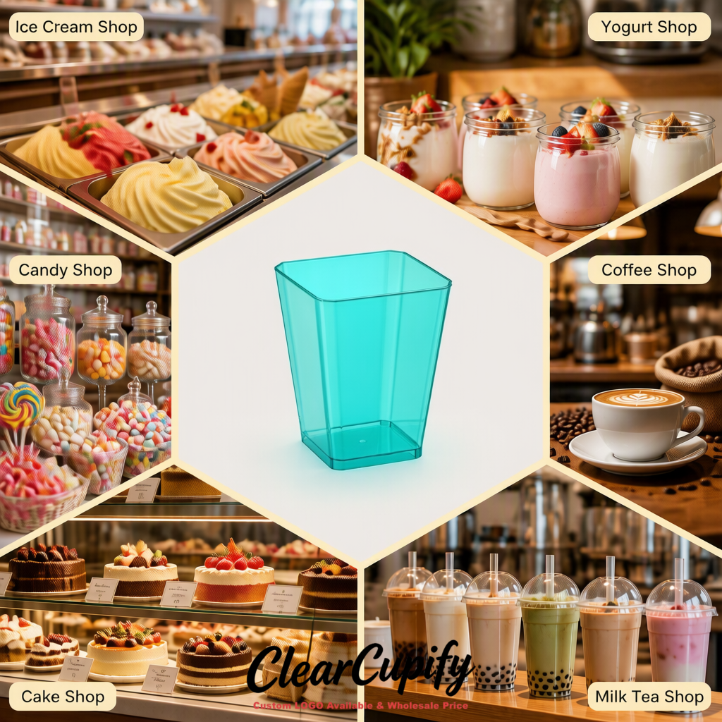 Wholesale Robin Egg Blue 5 oz Square Clear Plastic Dessert Cups with Spoons for Appetizers, Puddings, Mousse, Parfait