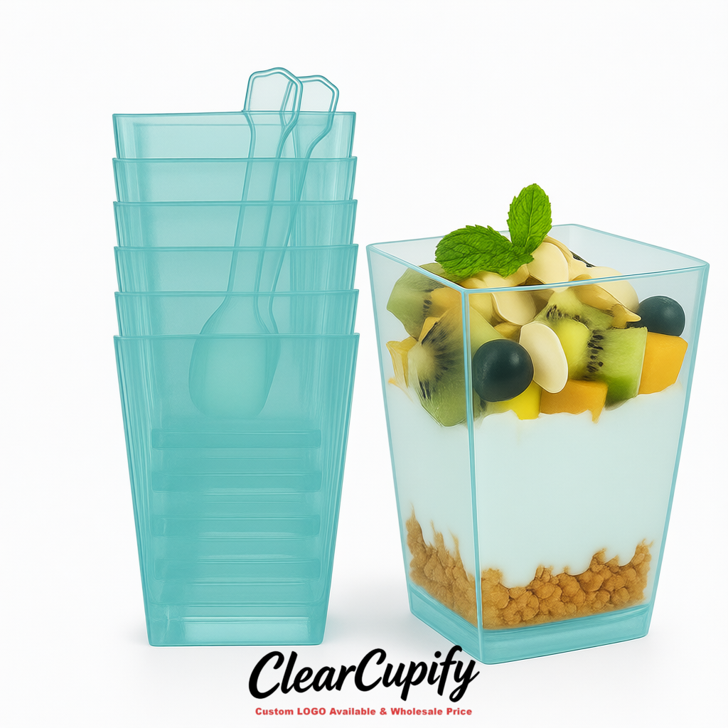 Wholesale Robin Egg Blue 5 oz Square Clear Plastic Dessert Cups with Spoons for Appetizers, Puddings, Mousse, Parfait