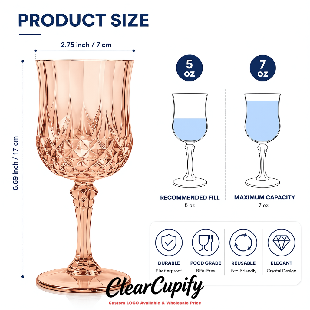 Rose Gold 7oz Acrylic Plastic Wine Goblets - 2.7 x 6.7 inches Party & Wedding Wine Glasses