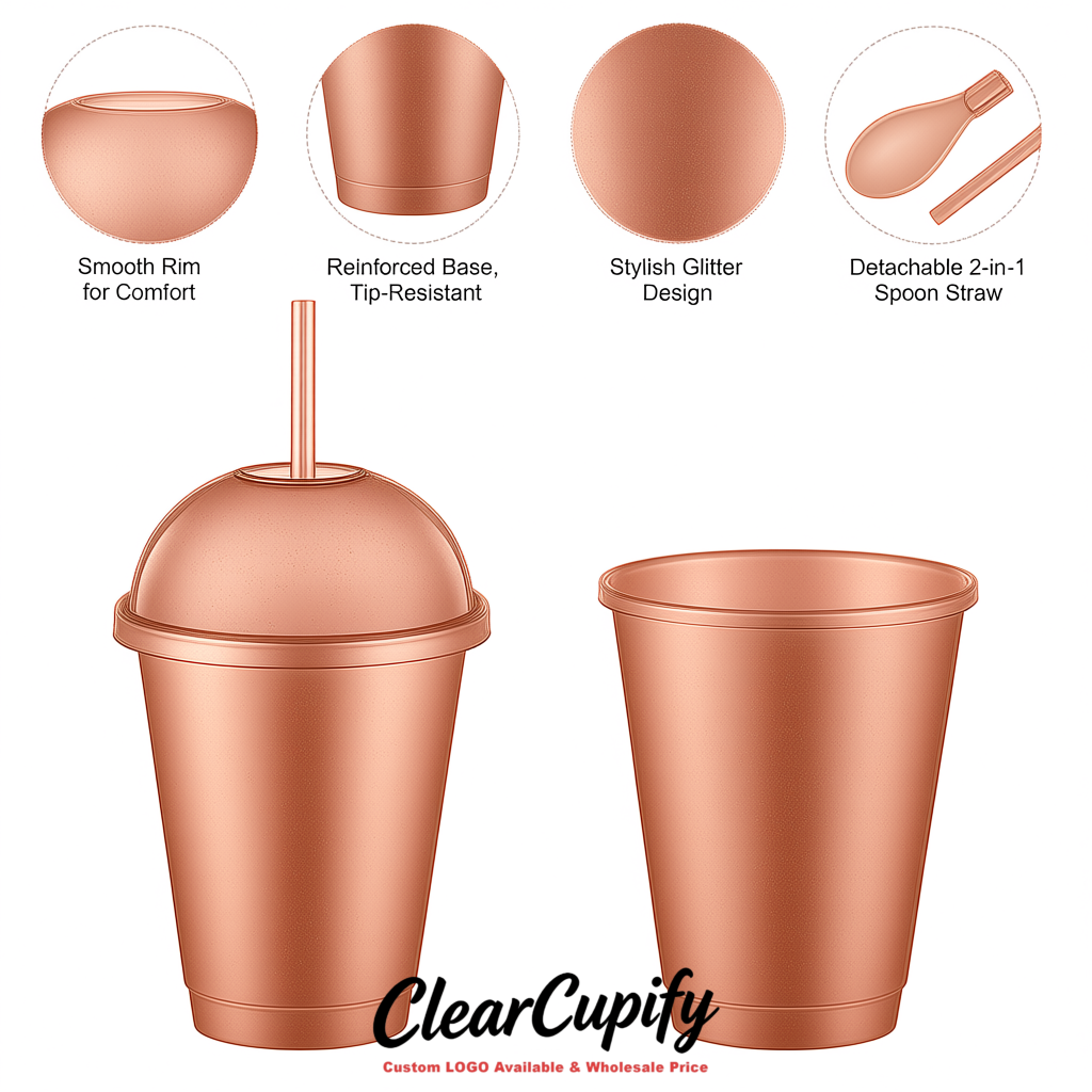 Rose Gold 16 oz Plastic Slushie Cups with Dome Lid & Detachable Spoon Straws for Milkshake, Boba, Smoothies, Iced Coffee