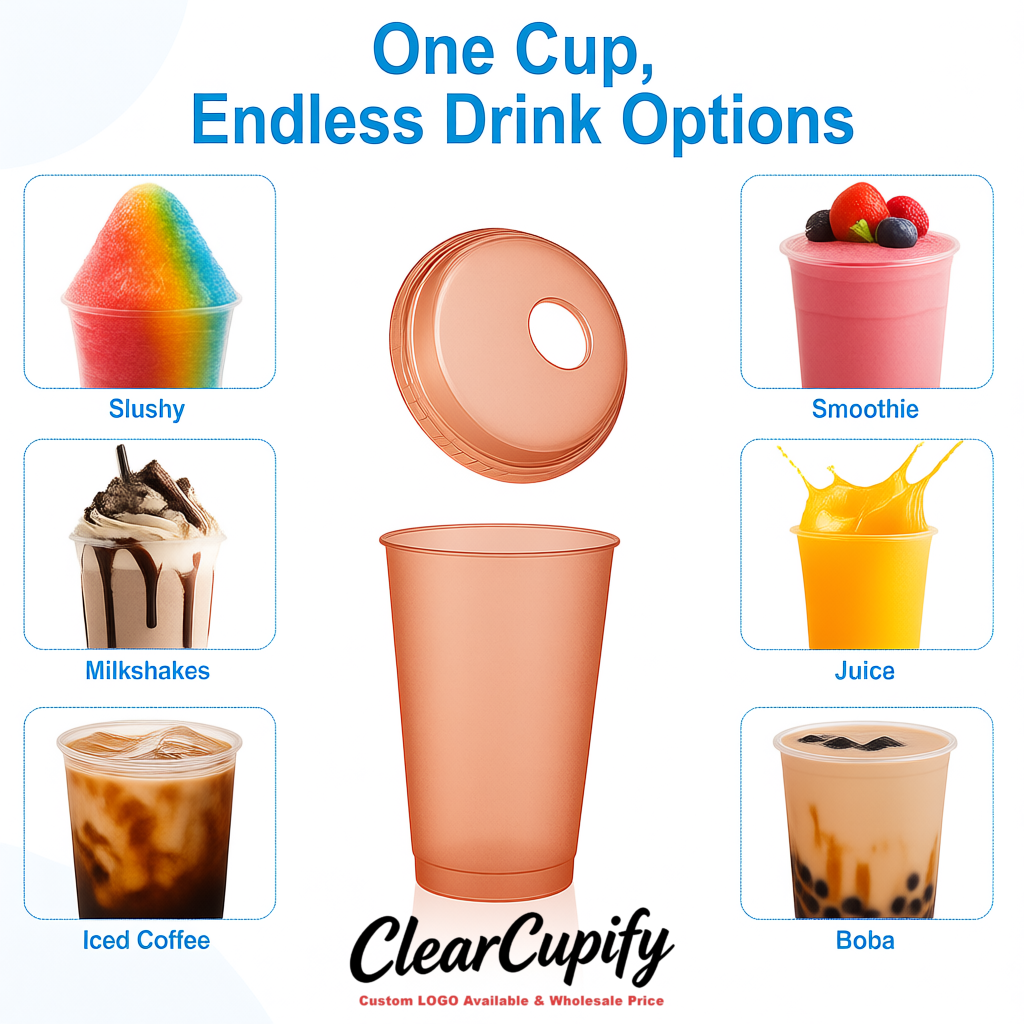 Rose Gold 16 oz Plastic Slushie Cups with Dome Lid & Detachable Spoon Straws for Milkshake, Boba, Smoothies, Iced Coffee