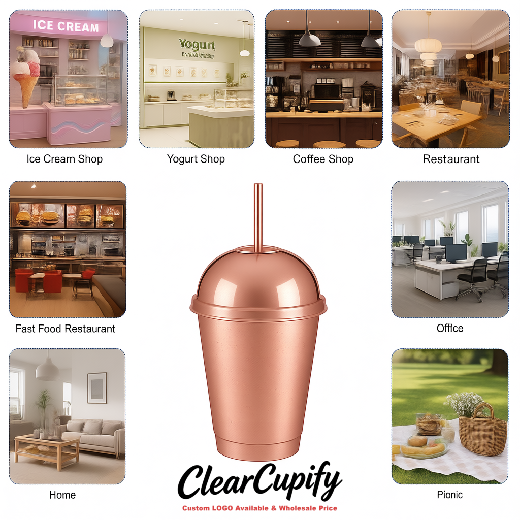 Rose Gold 16 oz Plastic Slushie Cups with Dome Lid & Detachable Spoon Straws for Milkshake, Boba, Smoothies, Iced Coffee
