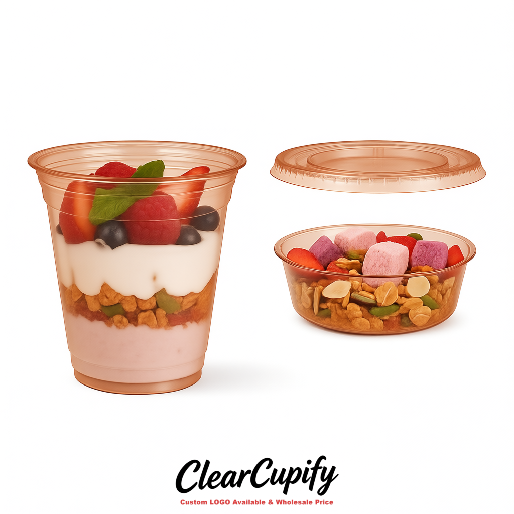 Rose Gold 12 oz Disposable Plastic Parfait Cups with Insert & Flat lids 3.85 x 2.1 x 4 inches