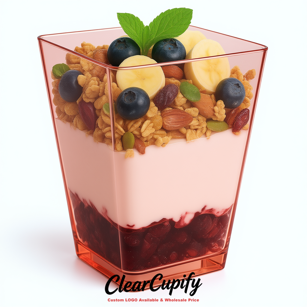 Wholesale Rose Gold 5 oz Square Clear Plastic Dessert Cups with Spoons for Appetizers, Puddings, Mousse, Parfait