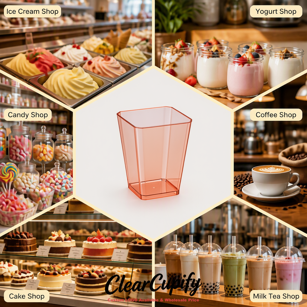 Wholesale Rose Gold 5 oz Square Clear Plastic Dessert Cups with Spoons for Appetizers, Puddings, Mousse, Parfait