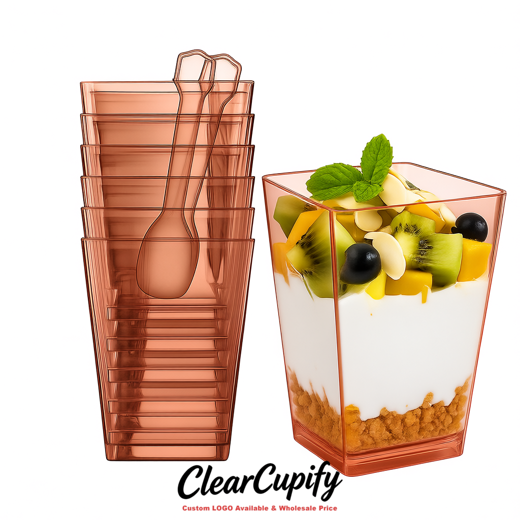 Wholesale Rose Gold 5 oz Square Clear Plastic Dessert Cups with Spoons for Appetizers, Puddings, Mousse, Parfait