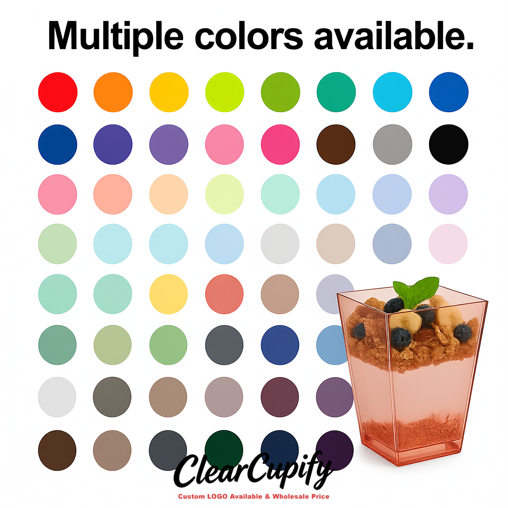 Wholesale Rose Gold 5 oz Square Clear Plastic Dessert Cups with Spoons for Appetizers, Puddings, Mousse, Parfait
