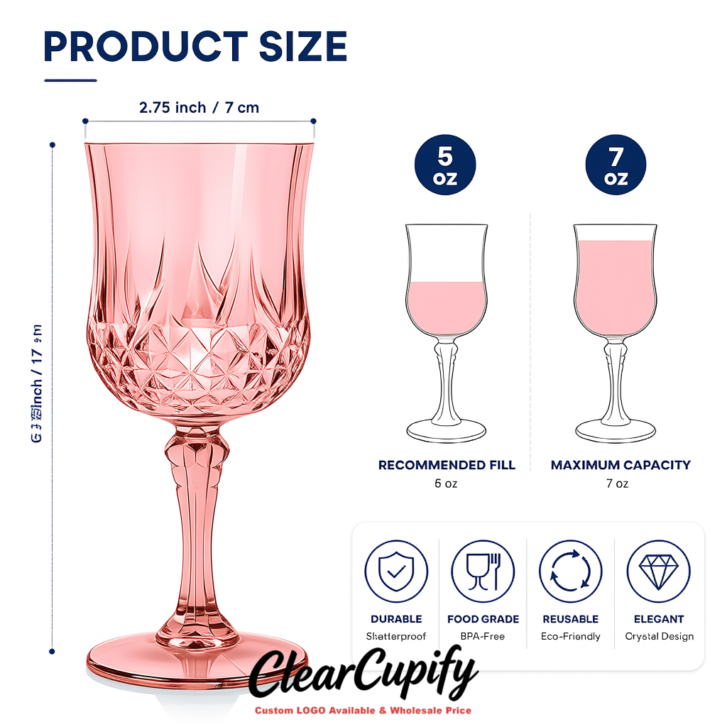 Rose Pink 7oz Acrylic Plastic Wine Goblets - 2.7 x 6.7 inches Party & Wedding Wine Glasses