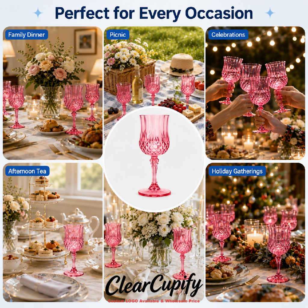 Rose Pink 7oz Acrylic Plastic Wine Goblets - 2.7 x 6.7 inches Party & Wedding Wine Glasses