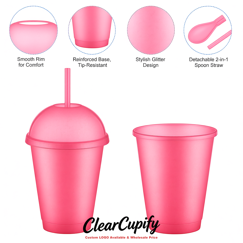 Rose Pink 16 oz Plastic Slushie Cups with Dome Lid & Detachable Spoon Straws for Milkshake, Boba, Smoothies, Iced Coffee
