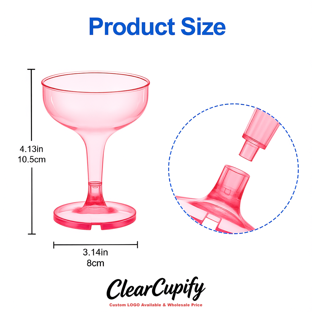 Rose Pink 5oz Stackable Plastic Martini Glasses 4.13x3.14 inches/10.5x8 cm For Champagne Tower