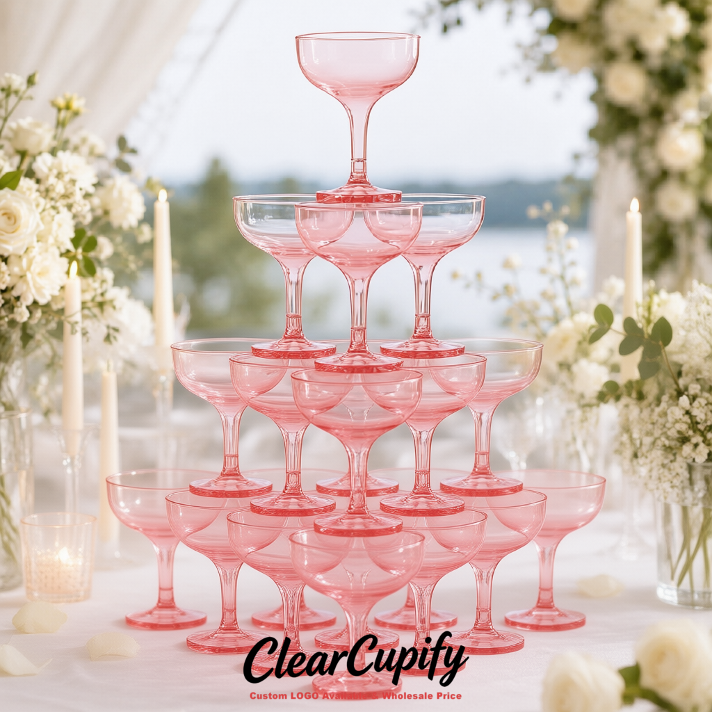 Rose Pink 5oz Stackable Plastic Martini Glasses 4.13x3.14 inches/10.5x8 cm For Champagne Tower