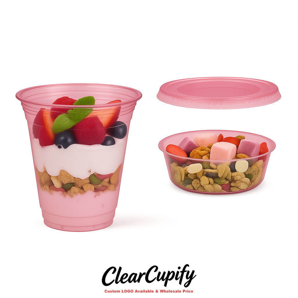 Rose Pink 12 oz Disposable Plastic Parfait Cups with Insert & Flat lids 3.85 x 2.1 x 4 inches