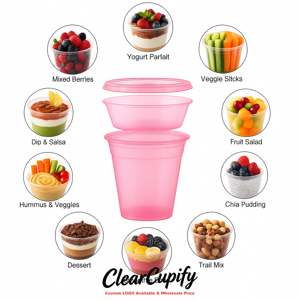 Rose Pink 12 oz Disposable Plastic Parfait Cups with Insert & Flat lids 3.85 x 2.1 x 4 inches