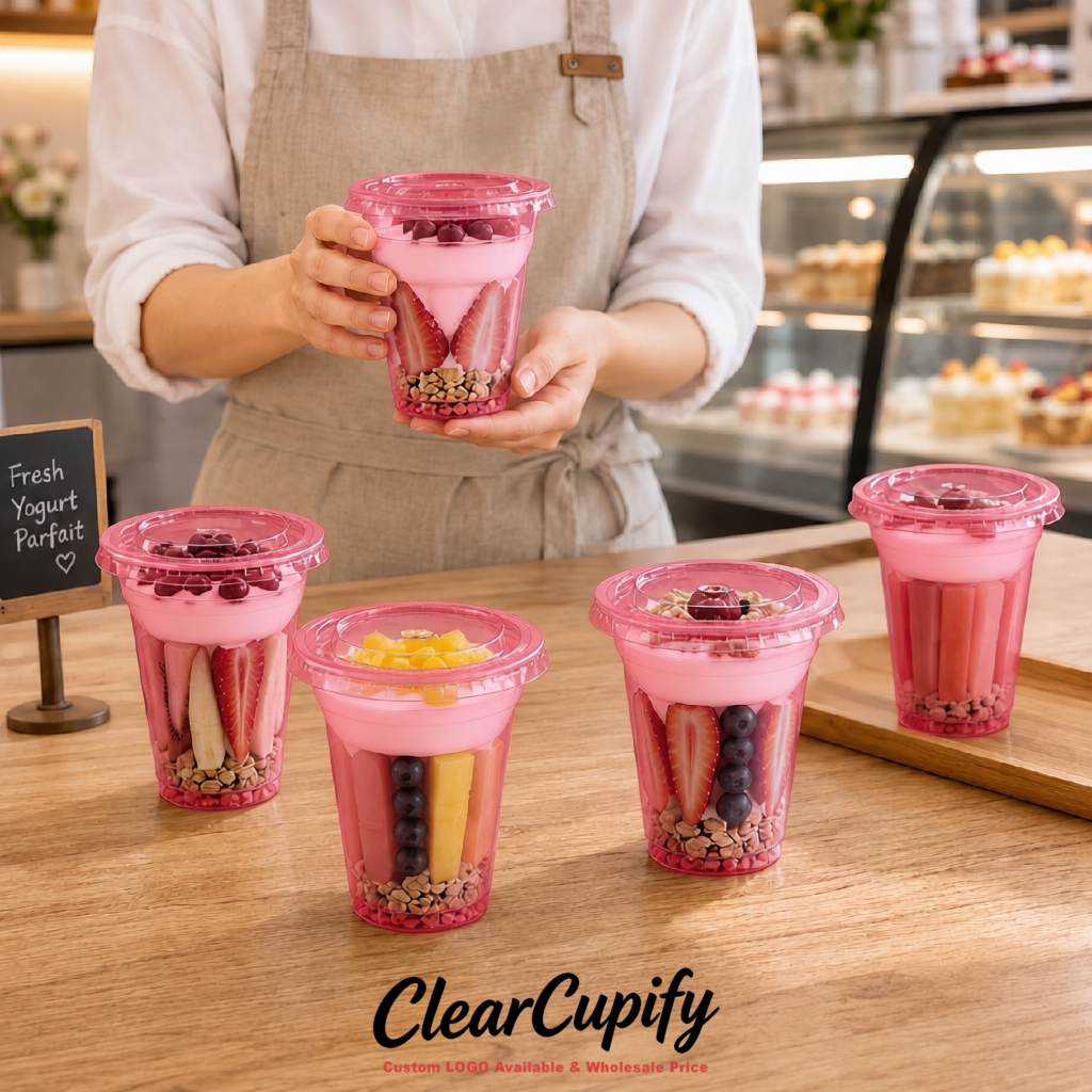 Rose Pink 12 oz Disposable Plastic Parfait Cups with Insert & Flat lids 3.85 x 2.1 x 4 inches