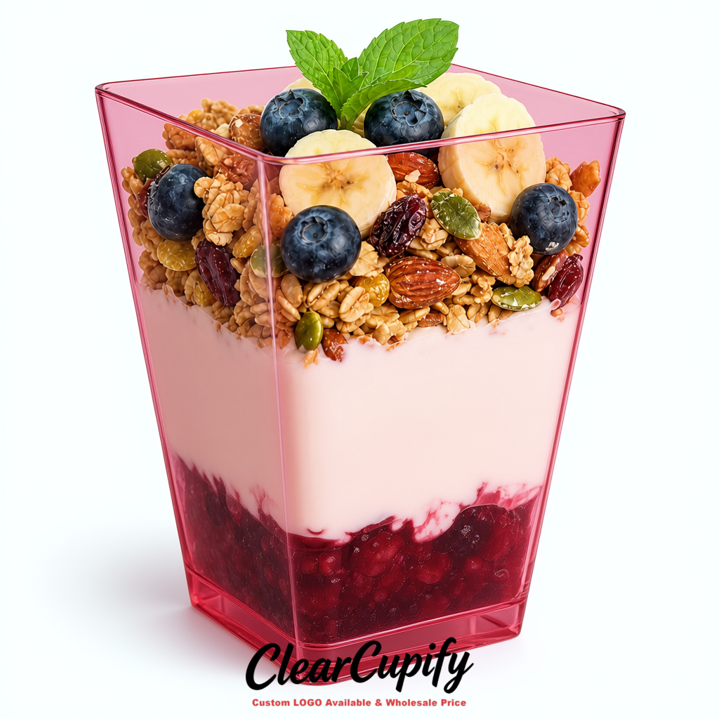 Wholesale Rose Pink 5 oz Square Clear Plastic Dessert Cups with Spoons for Appetizers, Puddings, Mousse, Parfait