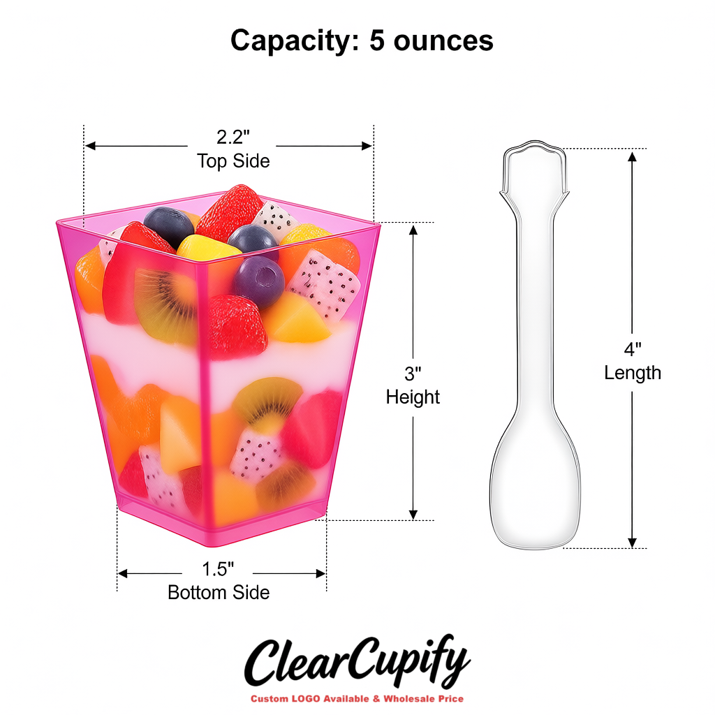 Wholesale Rose Pink 5 oz Square Clear Plastic Dessert Cups with Spoons for Appetizers, Puddings, Mousse, Parfait