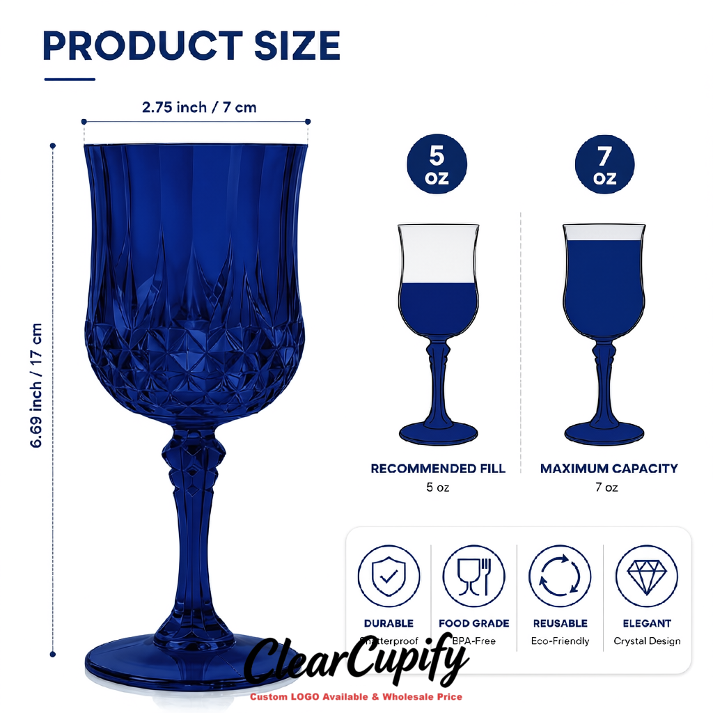 Royal Blue 7oz Acrylic Plastic Wine Goblets - 2.7 x 6.7 inches Party & Wedding Wine Glasses