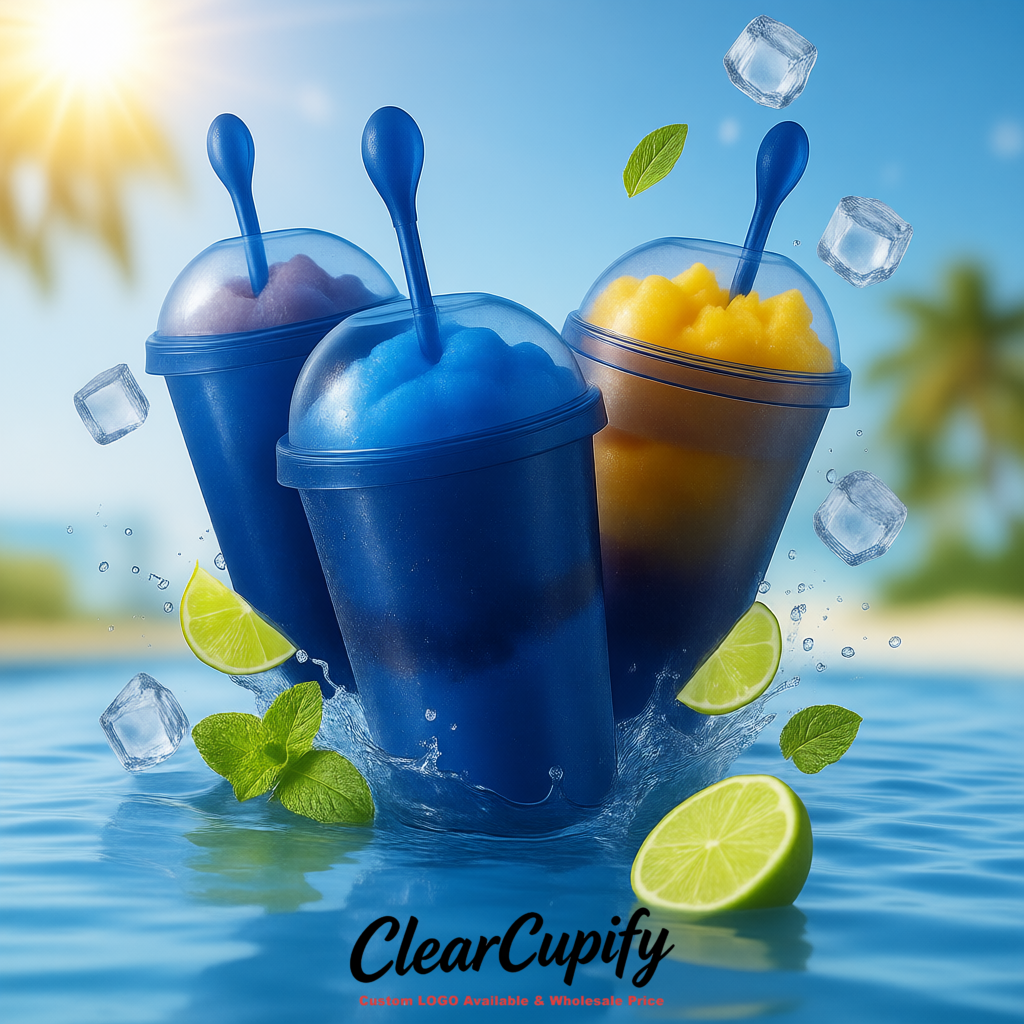 Royal Blue 16 oz Plastic Slushie Cups with Dome Lid & Detachable Spoon Straws for Milkshake, Boba, Smoothies, Iced Coffee