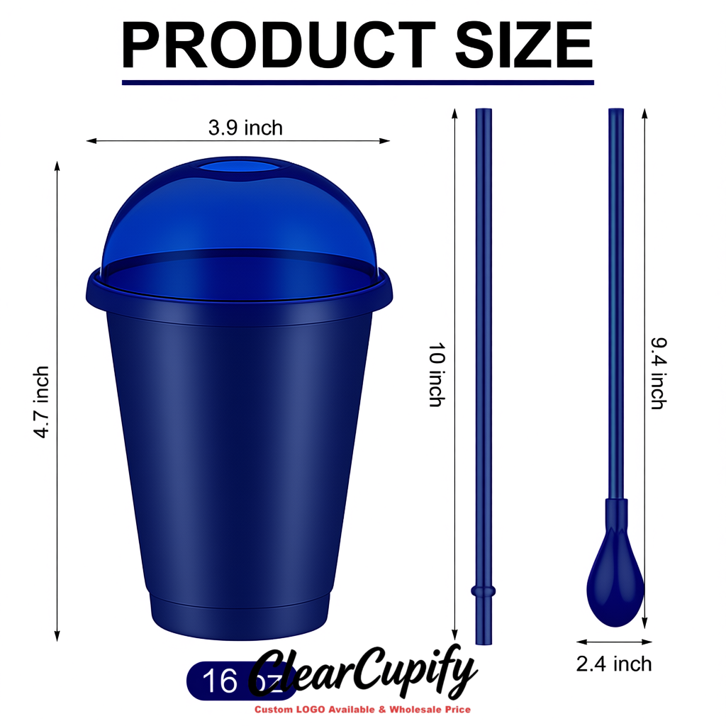 Royal Blue 16 oz Plastic Slushie Cups with Dome Lid & Detachable Spoon Straws for Milkshake, Boba, Smoothies, Iced Coffee