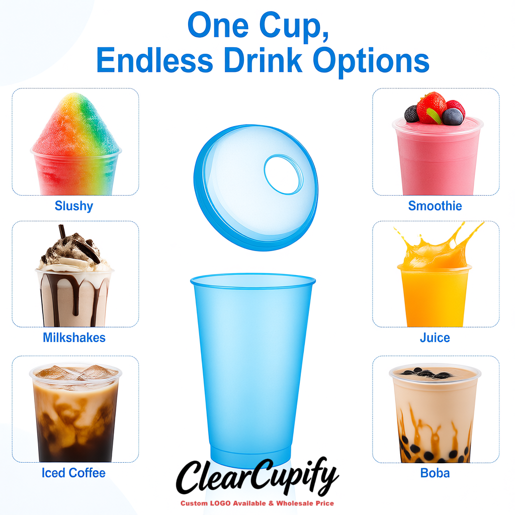 Royal Blue 16 oz Plastic Slushie Cups with Dome Lid & Detachable Spoon Straws for Milkshake, Boba, Smoothies, Iced Coffee