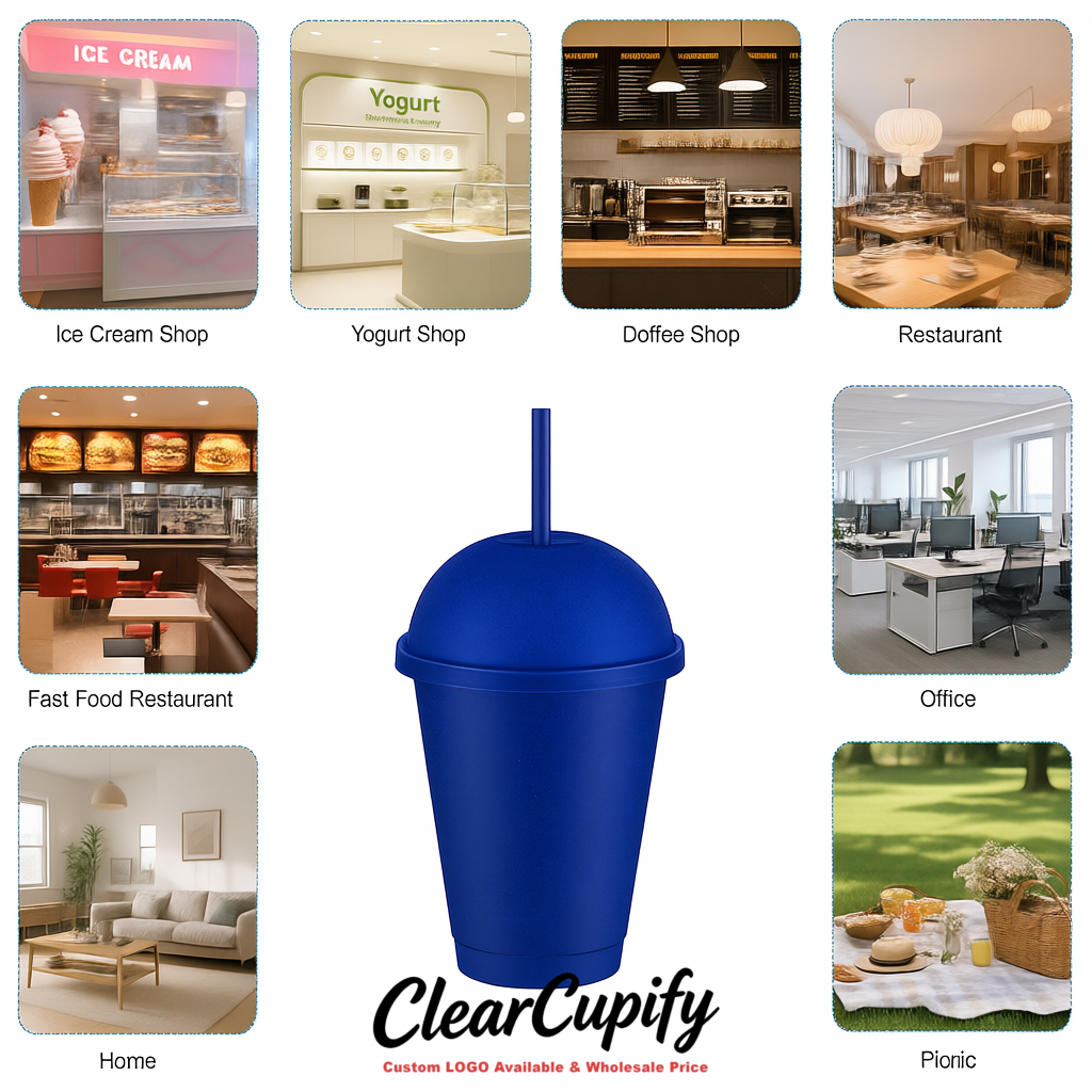 Royal Blue 16 oz Plastic Slushie Cups with Dome Lid & Detachable Spoon Straws for Milkshake, Boba, Smoothies, Iced Coffee
