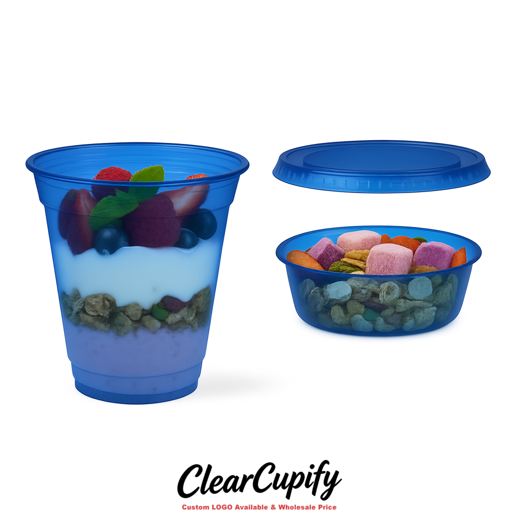 Royal Blue 12 oz Disposable Plastic Parfait Cups with Insert & Flat lids 3.85 x 2.1 x 4 inches