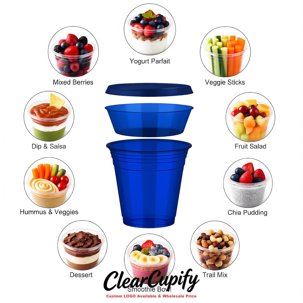 Royal Blue 12 oz Disposable Plastic Parfait Cups with Insert & Flat lids 3.85 x 2.1 x 4 inches