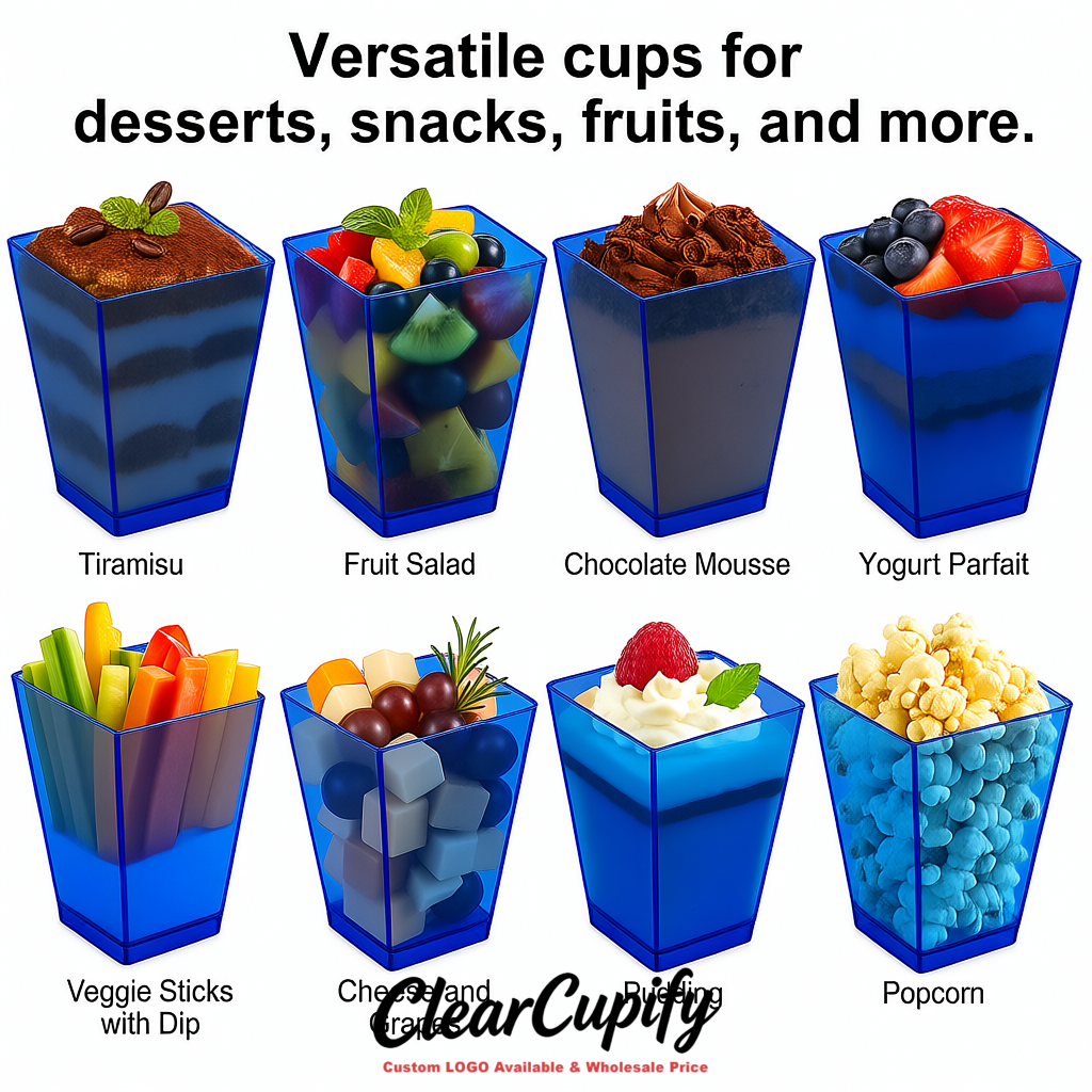 Wholesale Royal Blue 5 oz Square Clear Plastic Dessert Cups with Spoons for Appetizers, Puddings, Mousse, Parfait