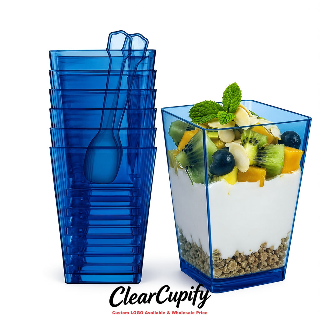 Wholesale Royal Blue 5 oz Square Clear Plastic Dessert Cups with Spoons for Appetizers, Puddings, Mousse, Parfait