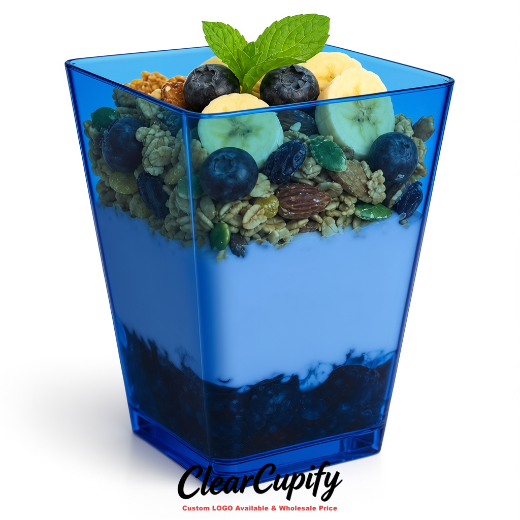 Wholesale Royal Blue 5 oz Square Clear Plastic Dessert Cups with Spoons for Appetizers, Puddings, Mousse, Parfait