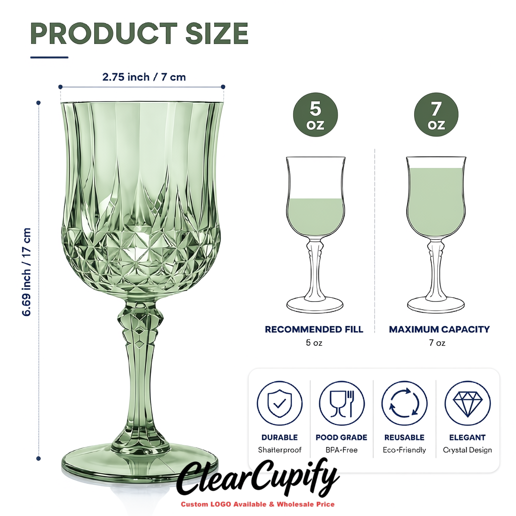 Sage Green 7oz Acrylic Plastic Wine Goblets - 2.7 x 6.7 inches Party & Wedding Wine Glasses