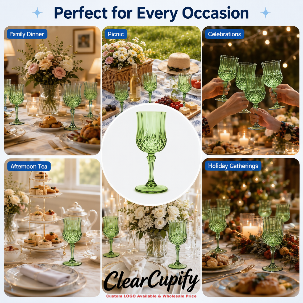 Sage Green 7oz Acrylic Plastic Wine Goblets - 2.7 x 6.7 inches Party & Wedding Wine Glasses